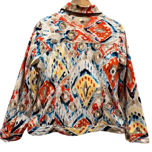 Chico's Ikat Print Cotton Jacket, White Multi, M - Picture 2 of 8